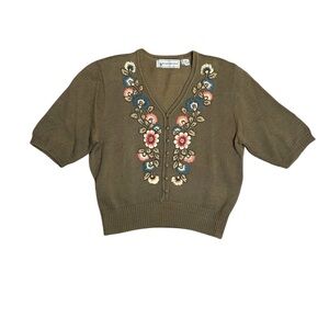 Vintage Evan-Picone Early 90s Embroidered Green Floral Grandma Cardigan, Size M